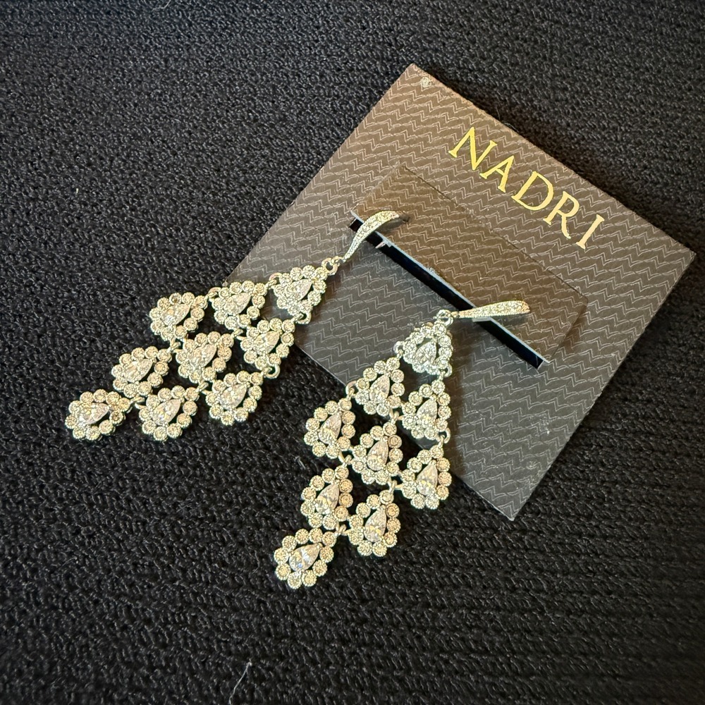 Nadri Chandelier Wedding Earrings Womens Silver NEW Cubic Zirconia Tiered Drop